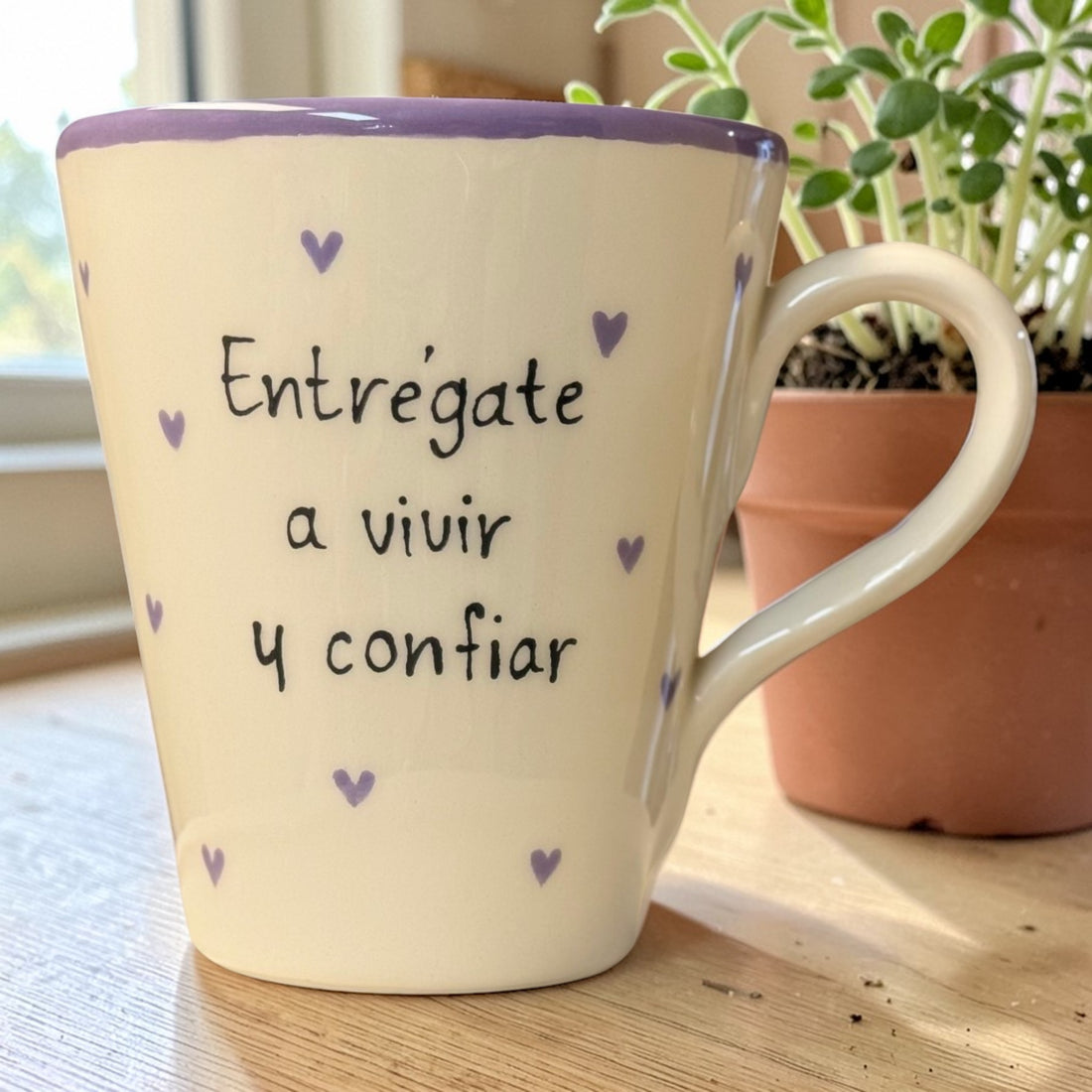 «Que lo que haya de pasar, pasará. Entrégate a vivir y confiar» · Taza cónica
