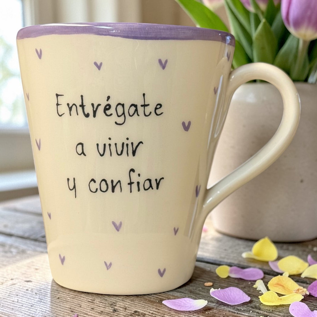 «Entrégate a vivir y confiar que lo que haya de pasar, pasará» · Taza cónica