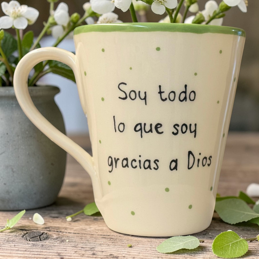 «Soy un ser infinito. Soy todo lo que soy gracias a Dios» · Taza cónica